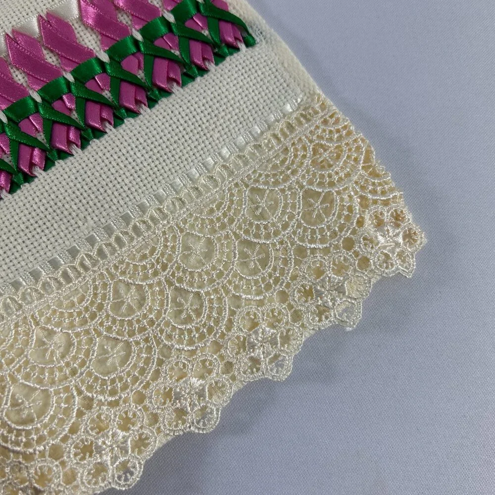 Dohler Ivory Hand Towel Crochet Hem Embellished Pink Green Ribbon 18